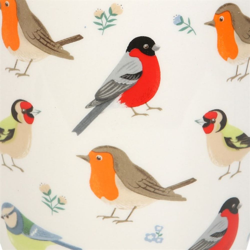 The British Garden Birds Ceramic Plant Pot features colorful illustrations of garden birds like robins and bullfinches amongst delicate flowers, shown in various poses with vibrant reds, browns, grays, and yellows. It’s an ideal gift for gardening enthusiasts.