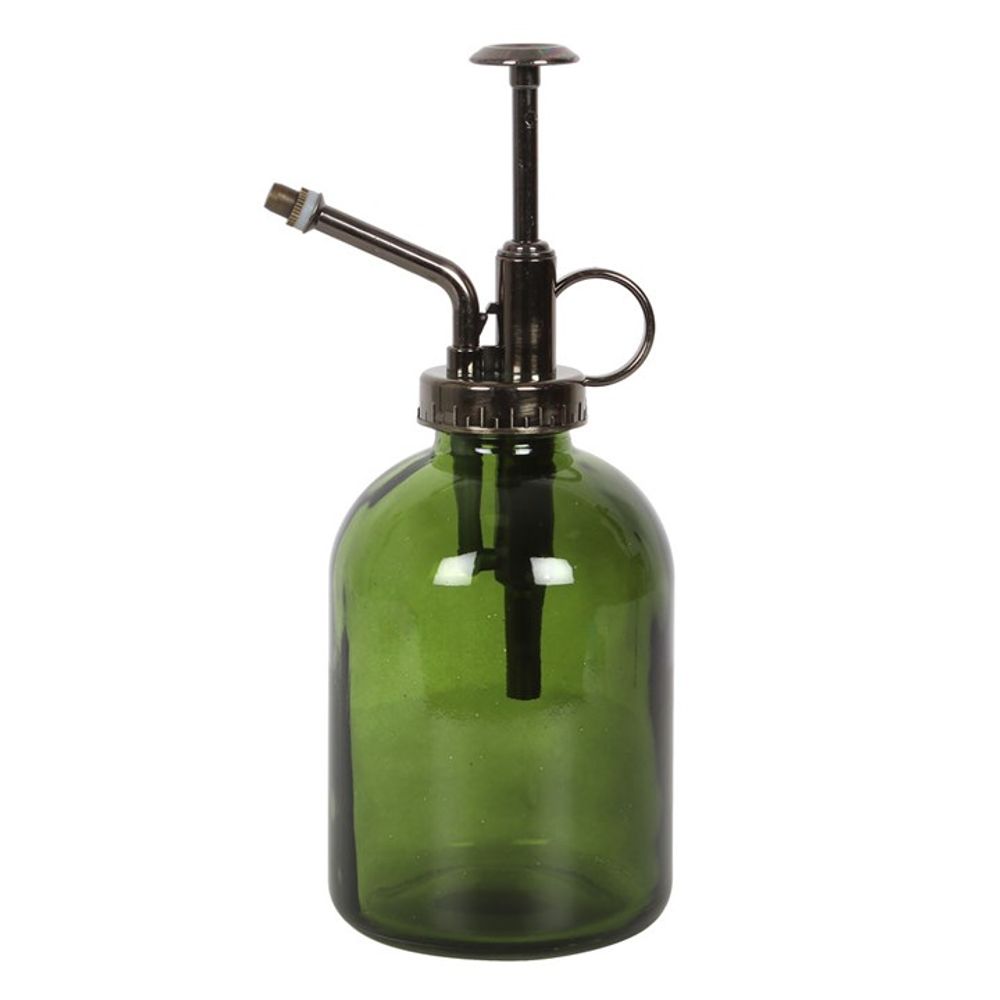Introducing the Green Minimalist Glass Plant Mister, an ideal addition to your indoor garden. With a moss green glass body and a sleek metal pump and spout, this mister features a vintage-style design, complete with a brass-colored nozzle and handle for gentle plant care.