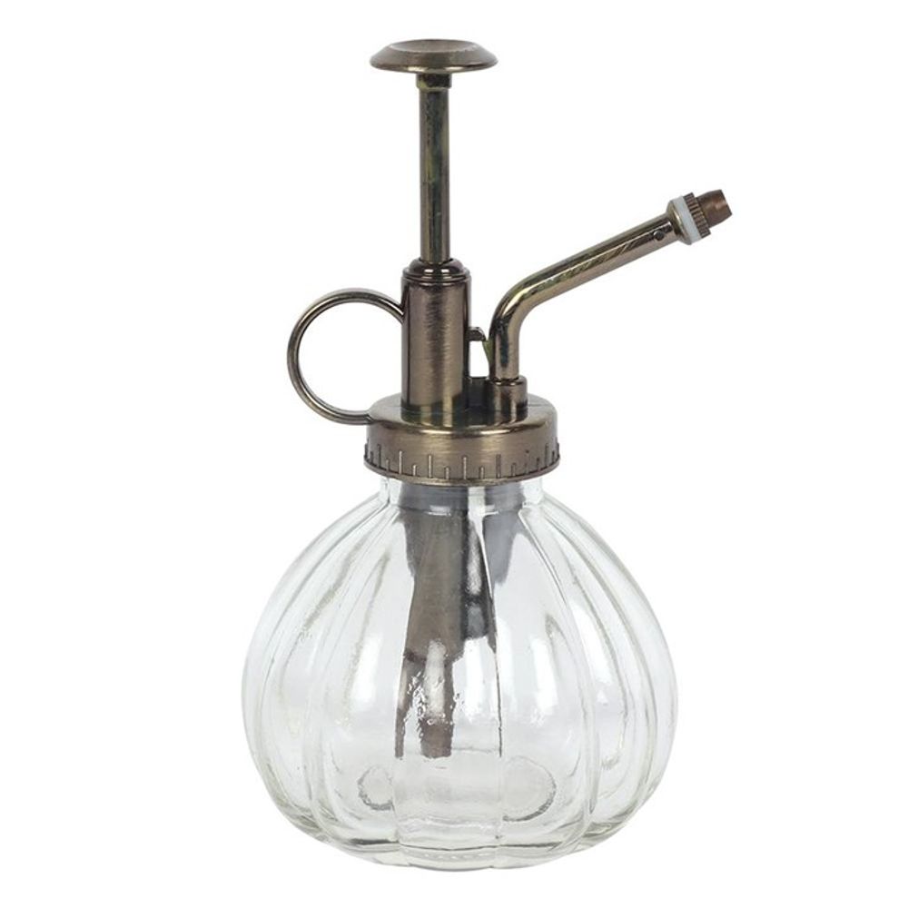 Introducing the Botanical Plant Mister, a vintage-inspired glass mister with a ribbed design that's ideal for your indoor garden. It boasts a metal pump and nozzle for effortless spraying, featuring a transparent body paired with a brass-like top and equipped with a circular handle for an easy grip.