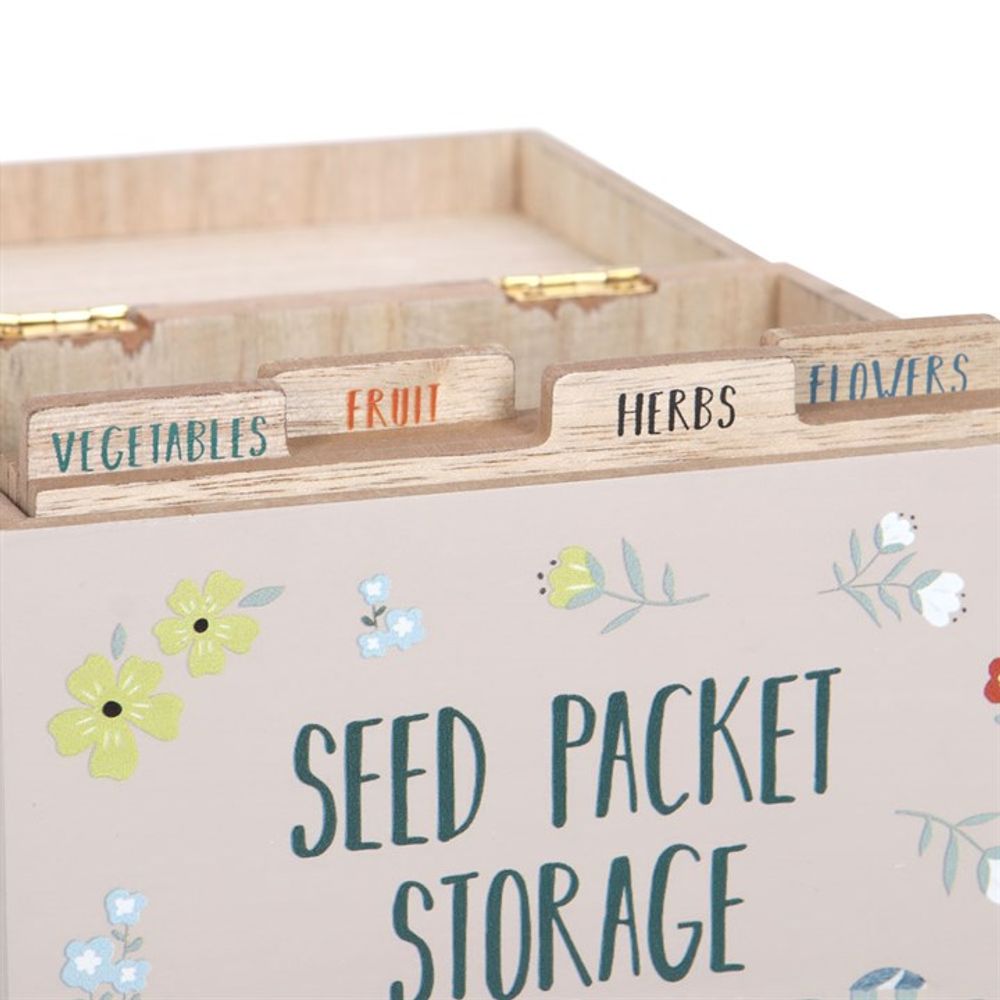 The British Garden Birds Seed Packet Storage Box, an ideal gift for gardeners, includes four compartments labeled Vegetables, Fruit, Herbs, and Flowers. Featuring floral illustrations and a hinged lid, it’s perfect for organizing garden seeds.