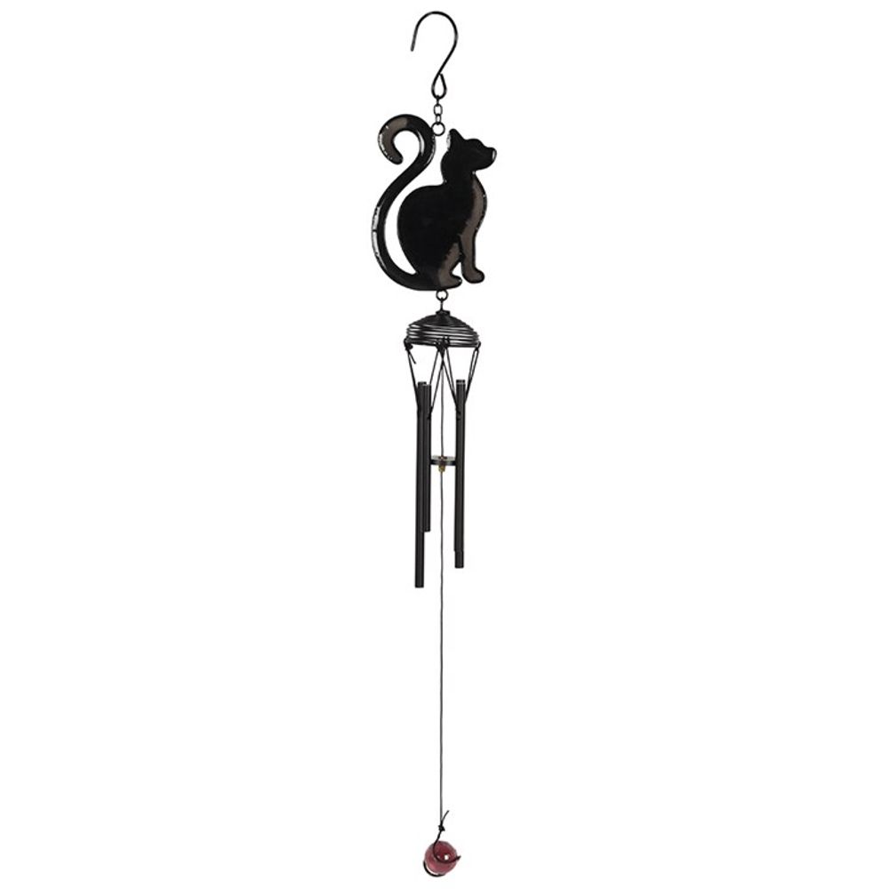 The Black Cat Profile Windchime features a black metal cat silhouette, cylindrical tubes, and a red weight—an ideal way to add charm to your outdoor space or give as a thoughtful gift for cat lovers.