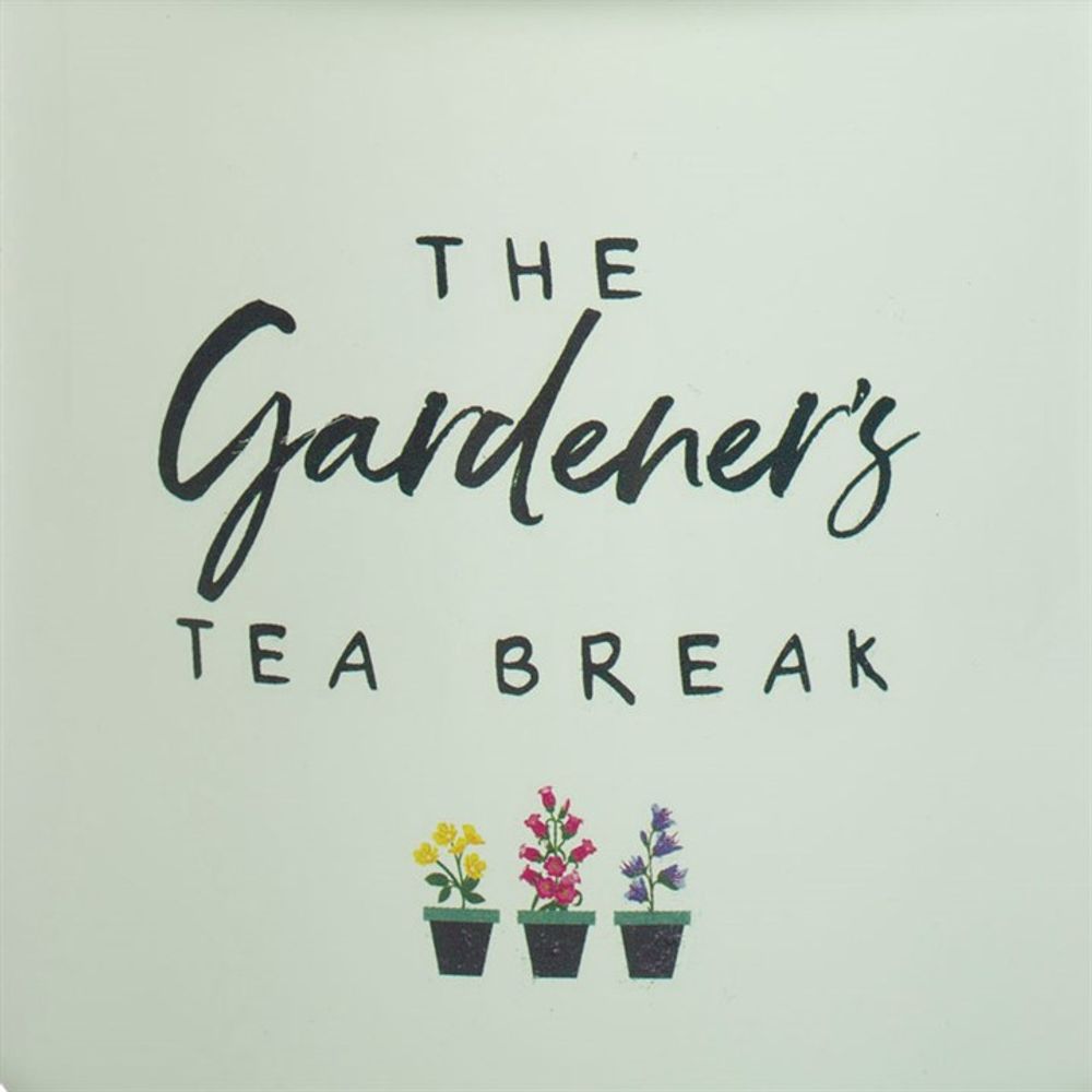 Text on a light green background displays "Gardener's Tea Break Enamel Mug" accompanied by three delightful botanical illustrations below, each showcasing flowers in various colors. An ideal choice for avid gardeners looking to enjoy a peaceful moment.