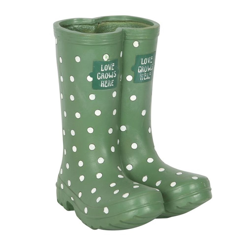 The Light Green Welly Boot Planter, featuring charming polka dots and the phrase "Love grows here," serves as an attractive entrance piece and decorative planter.