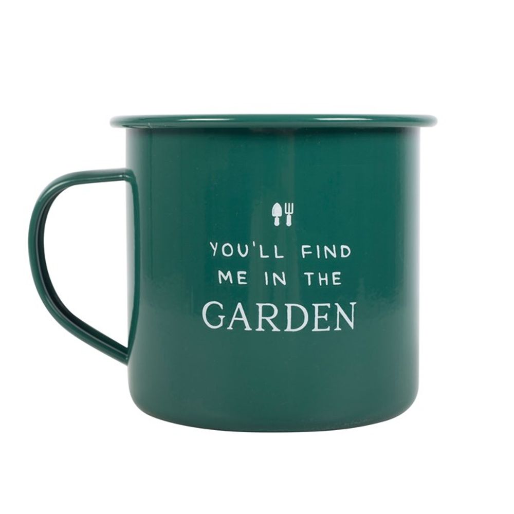 The "Find Me in the Garden Enamel Mug" is a forest green mug with a handle, featuring "You'll find me in the garden" in white. Above are small icons of a gardening trowel and fork, creating a simple, rustic design ideal for nature lovers.