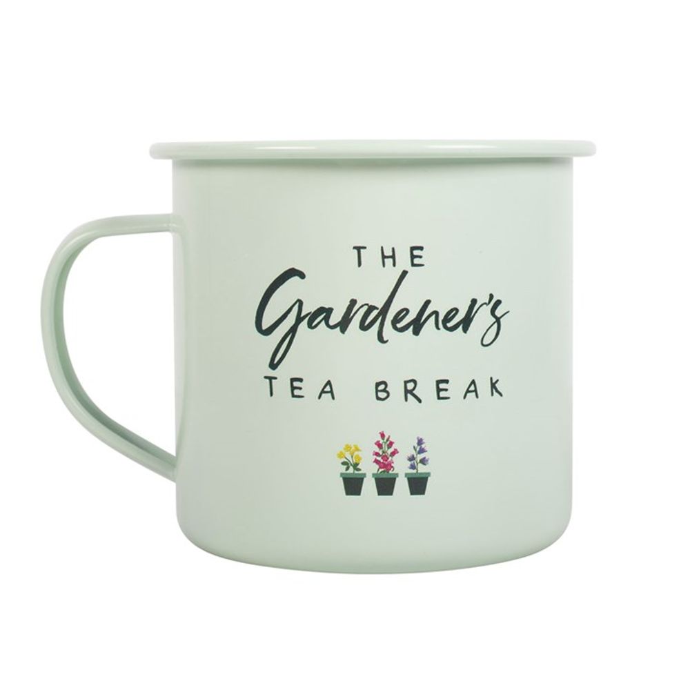 A Gardener's Tea Break Enamel Mug in a light green hue features the phrase "The Gardener's Tea Break" elegantly printed. Below the text, there are three charming botanical illustrations of small potted plants, making it an ideal choice for gardening enthusiasts.