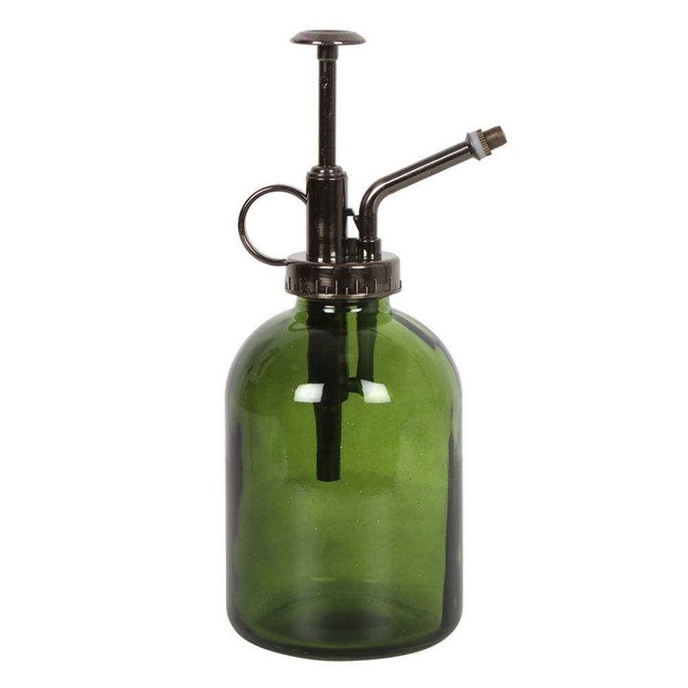 Introducing the Green Minimalist Glass Plant Mister, featuring a moss green glass bottle with a metal pump and nozzle. Its cylindrical shape and round base make it perfect for your indoor garden. The pump, located on top, has a small handle for easy use.