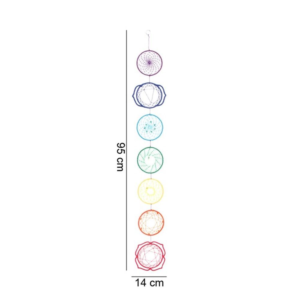 The Chakra Wall Hanging is a 95 cm long, 14 cm wide vertical decoration inspired by the rainbow chakra, featuring seven vibrant circular designs with intricate patterns—perfect for enhancing your spiritual wellbeing.