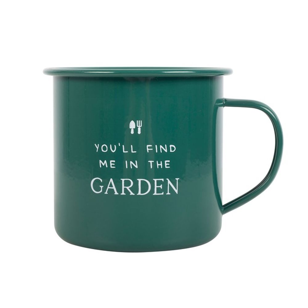 The Find Me in the Garden Enamel Mug is forest green with a handle and features "YOU'LL FIND ME IN THE GARDEN" in white. Above the text are charming small icons of a shovel and fork, making it a delightful garden accessory.