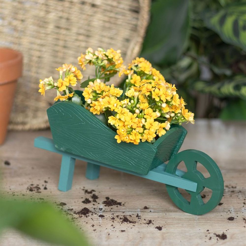 A charming garden display showcases a small Green Resin Wheelbarrow Planter overflowing with yellow blooms on a wooden surface, surrounded by scattered soil. A terracotta pot and woven basket in the background complete this inviting garden accessory tableau.