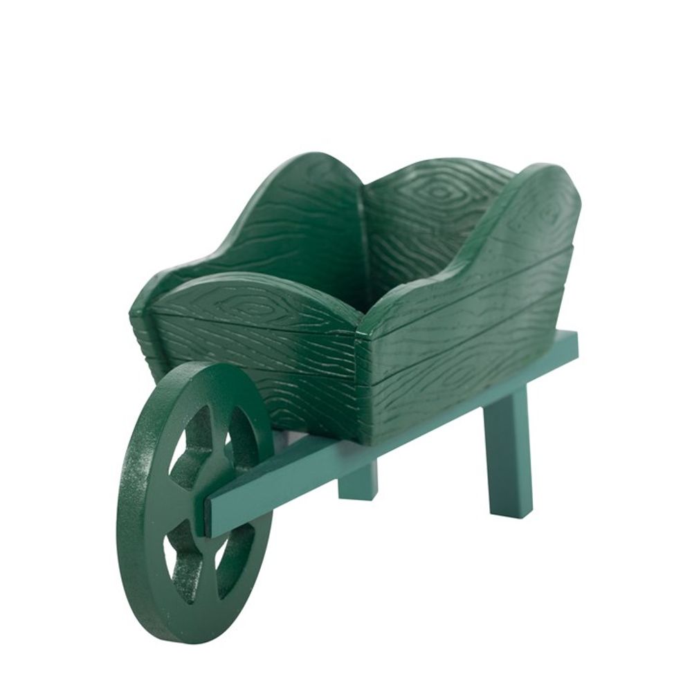 The Green Resin Wheelbarrow Planter, with its decorative texture and single wheel, is ideal as a charming garden display. Set against a plain white background, it appears perfect as a miniature or toy garden accessory.