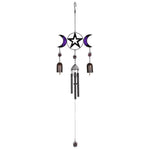The Triple Moon Windchime with Bells is a decorative black and purple windchime featuring a central pentagram star flanked by two crescent moons with purple accents. Below hang two bells and several metal rods, all suspended by chains. At the base is a single clapper, and the wind chime has a hook for hanging.