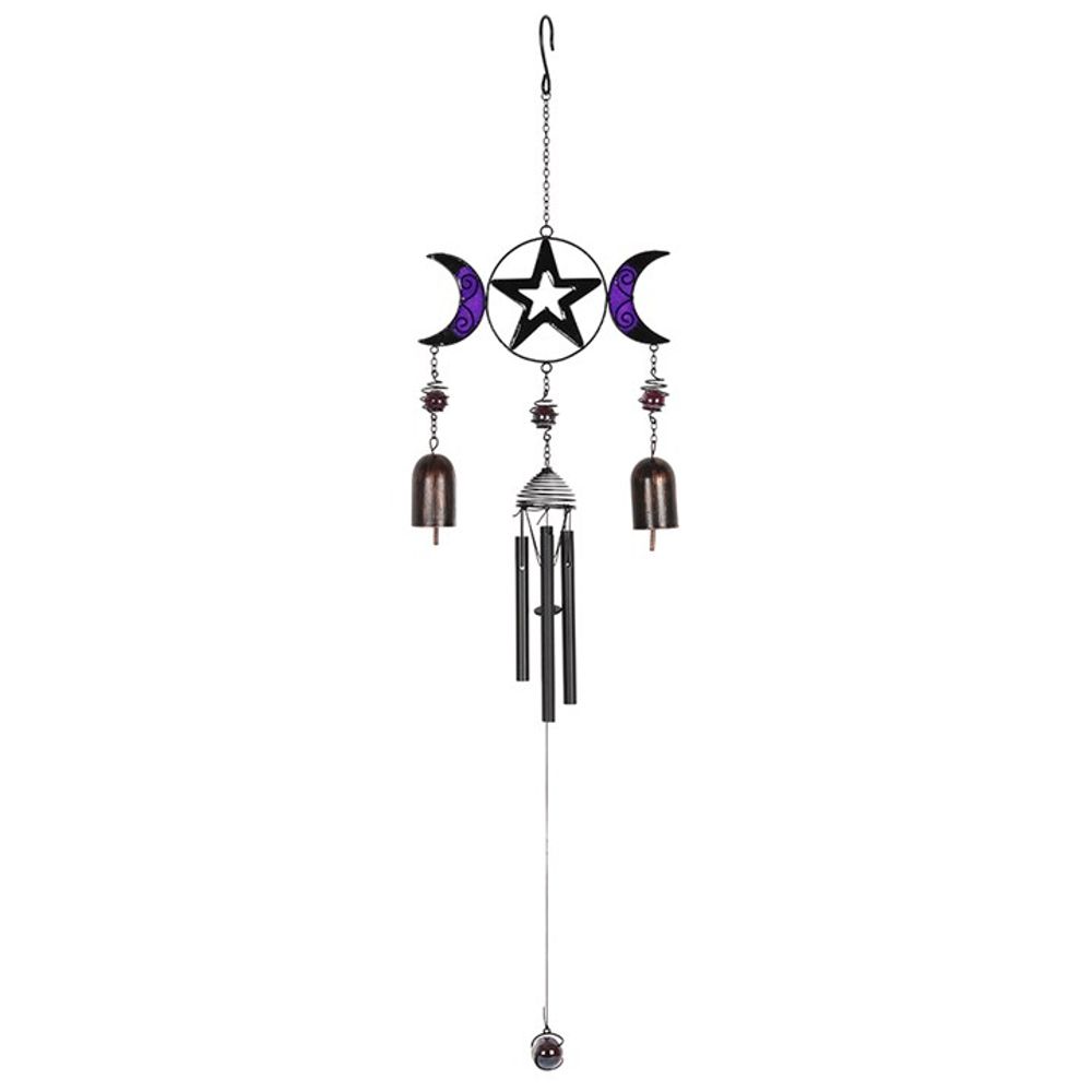 The Triple Moon Windchime with Bells is a decorative black and purple windchime featuring a central pentagram star flanked by two crescent moons with purple accents. Below hang two bells and several metal rods, all suspended by chains. At the base is a single clapper, and the wind chime has a hook for hanging.