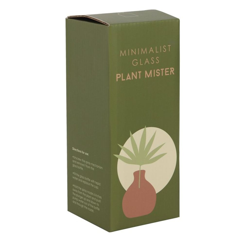 The packaging for the Green Minimalist Glass Plant Mister showcases a moss green illustration of a vase and plant. The words "Directions for use" are printed on one side, making it an ideal addition to any indoor garden.