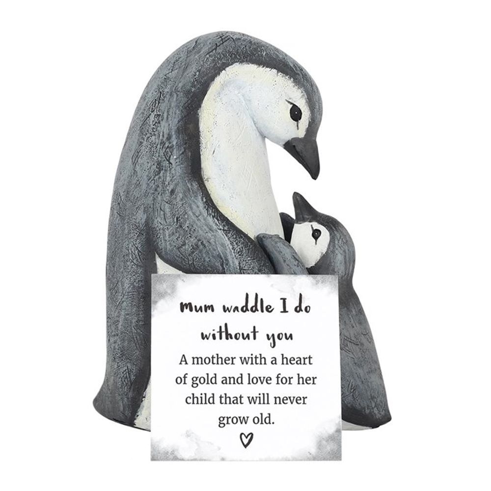 The "Mum Waddle I Do Without You Penguin Ornament" showcases a penguin parent and chick lovingly entwined, complete with a heartwarming message: "Mum waddle I do without you. A mother with a heart of gold and love for her child that will never grow old." A heart symbol at the base beautifully embodies the bond between mother and child, making it an ideal gift.