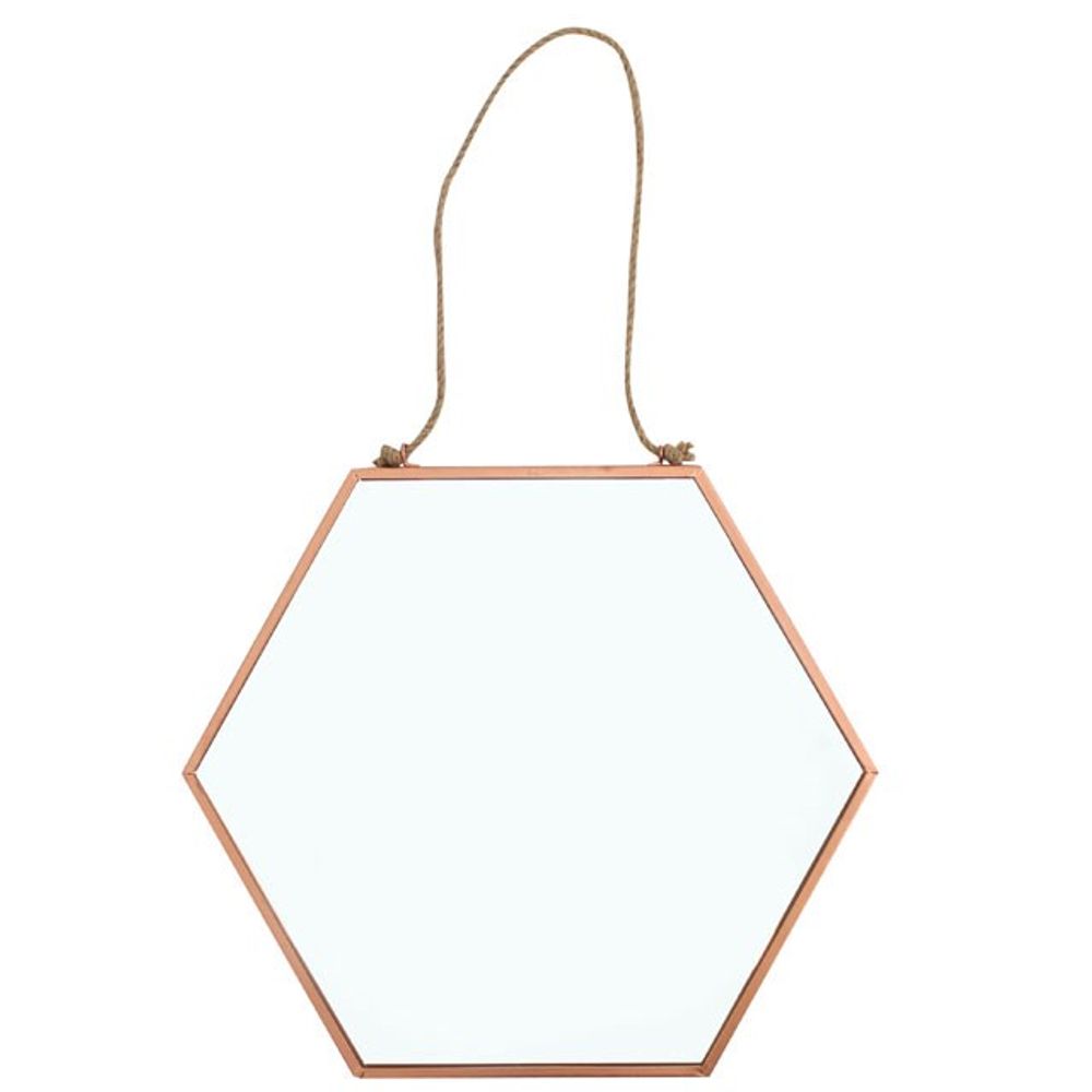 The Large Geometric Mirror, featuring a sizeable hexagonal shape and a slender copper frame with geometric detailing, hangs gracefully from a rope. Displayed against a white background, it highlights its minimalist design while serving as an eye-catching piece of home decor.