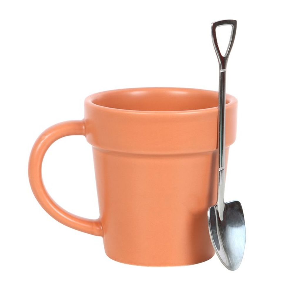 The Plain Plant Pot Ceramic Mug, designed like a terracotta plant pot, comes paired with a mini shovel spoon, making it perfect for a garden tea break.