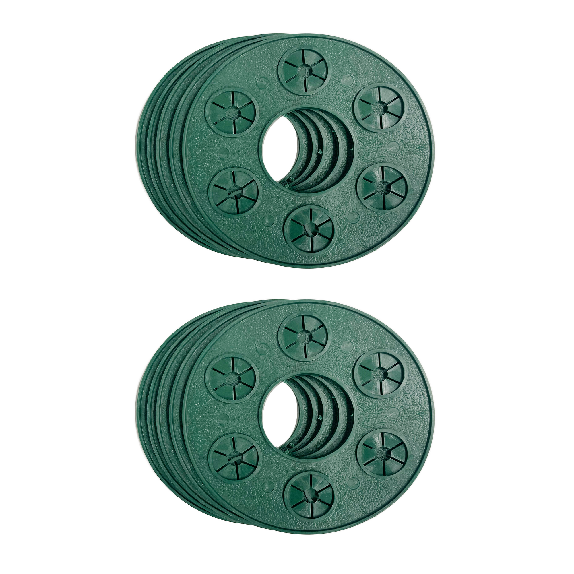 Two stacks of green plastic washers, each with circular holes in the center and star-shaped patterns on the surface, ideal for gardening tasks like plant support. Each stack contains seven washers, neatly arranged against a white background. Perfect for use with Wigwam Grips from Wigwam Grips.