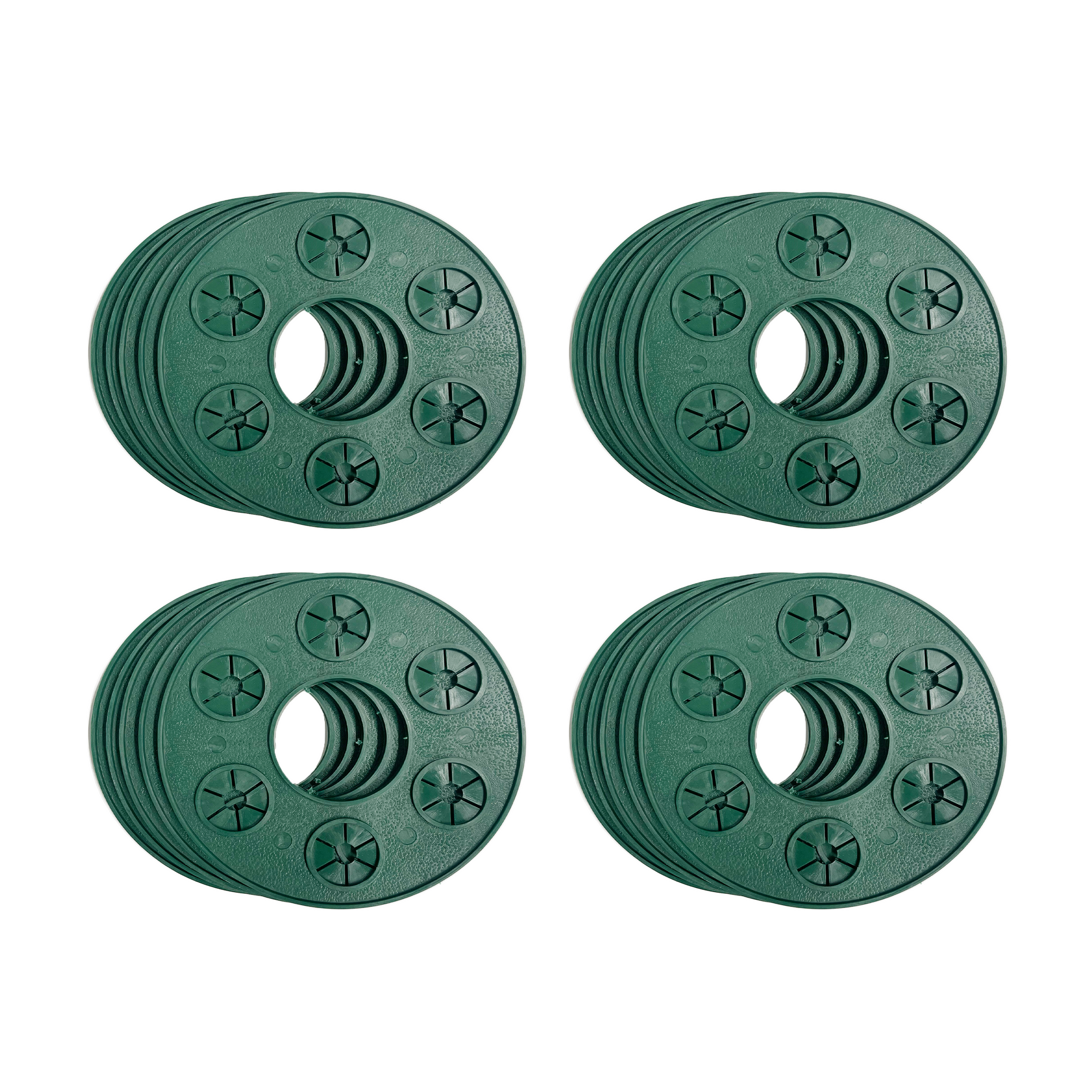 Image of four stacks of green circular objects, each featuring five raised star-shaped decorative elements. These objects resemble Wigwam Grips for gardening and are similar in size and shape, symmetrically arranged in a 2x2 grid on a white background.