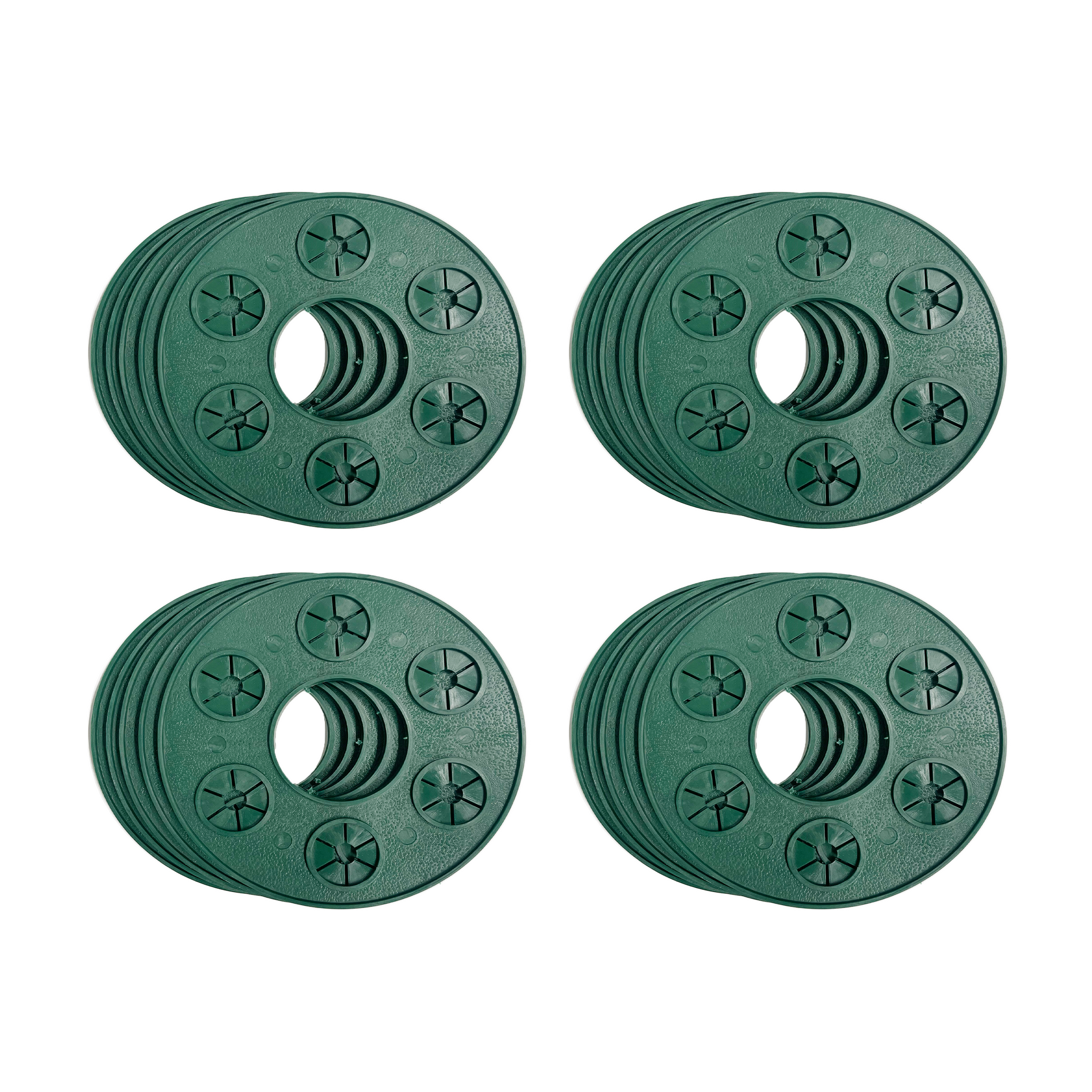 Image of four stacks of green circular objects, each featuring five raised star-shaped decorative elements. These objects resemble Wigwam Grips for gardening and are similar in size and shape, symmetrically arranged in a 2x2 grid on a white background.