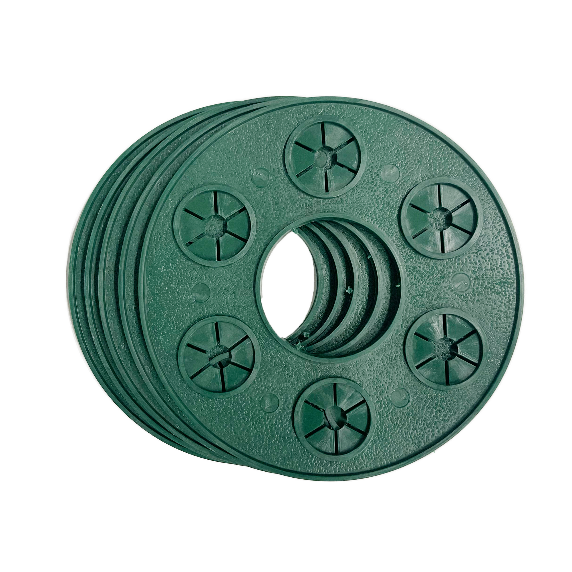 A set of five Wigwam Grips, green plastic plant saucers with circular shapes and a large central hole, designed for gardening. Each saucer features four smaller circular indentations surrounding the central hole, ideal for providing stable plant support. The saucers also have a textured finish.