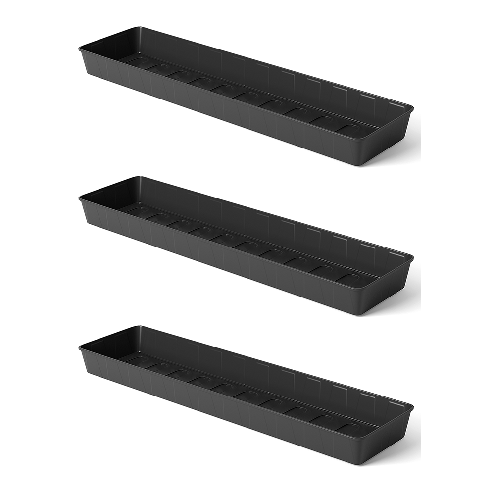 Three Heavy Duty Seed or Gravel Trays are stacked vertically in the image, each featuring multiple small sections designed for planting seeds. Made from durable injection-moulded plastic, these versatile gardening trays boast a simple, sleek design with slightly raised edges.