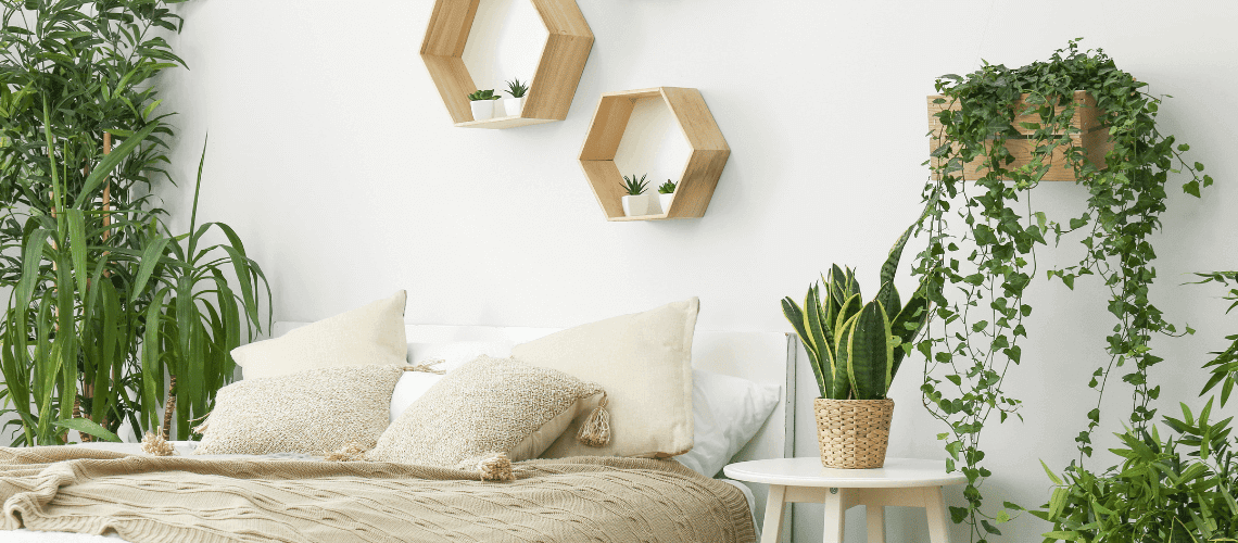 A bedroom showing a variety of green Artificial Plants on shelving.
