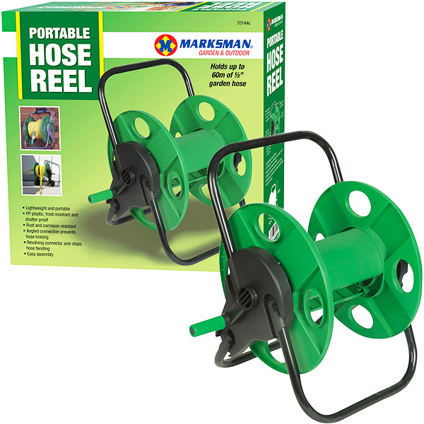 Image of a Marksman Portable Garden Hose Reel 60m showcasing its green and black design. The frost-resistant reel is displayed both as a product and in its packaging, which emphasizes features like being lightweight, anti-rust, and capable of holding up to 60 meters of garden hose.