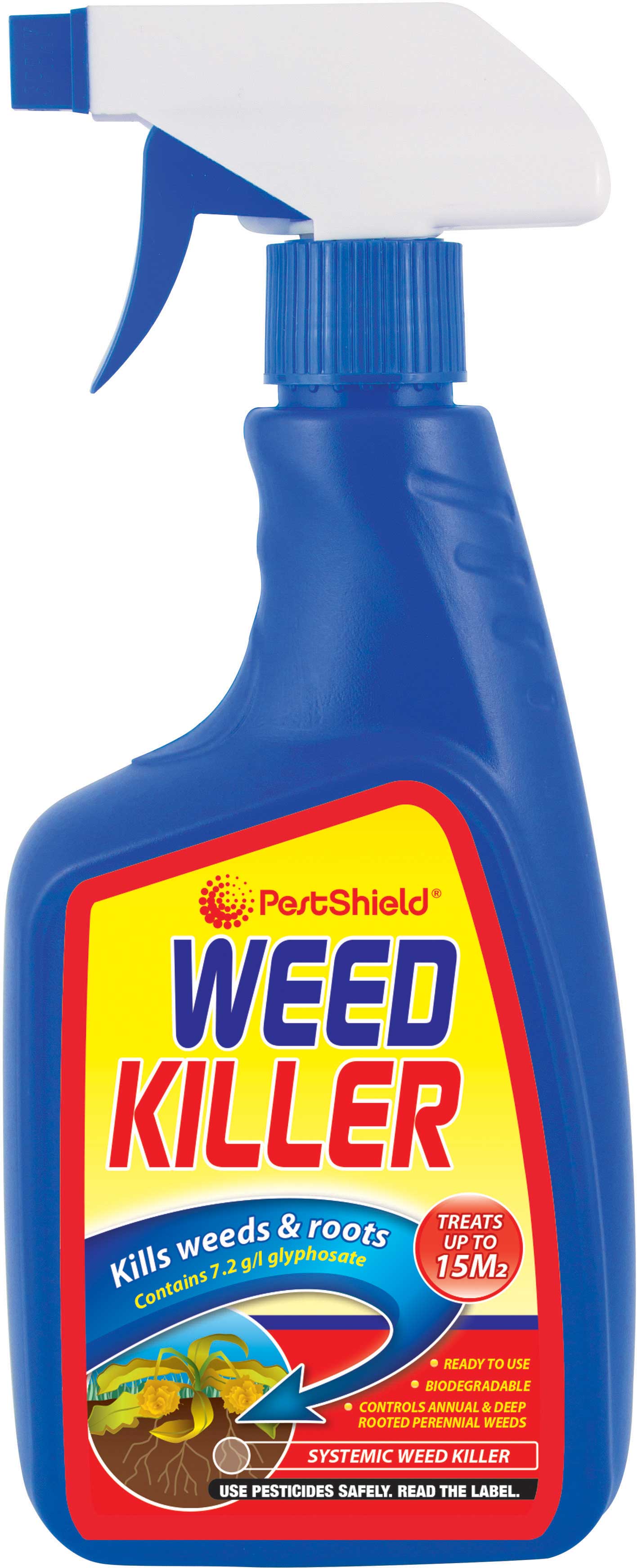 A blue bottle of Pestshield Lawn Weed Killer 500ml with a white spray nozzle. The yellow and red label advertises the product's ability to kill weeds and roots, featuring 7.2 g/l of glyphosate. This biodegradable solution can treat up to 15 square meters.