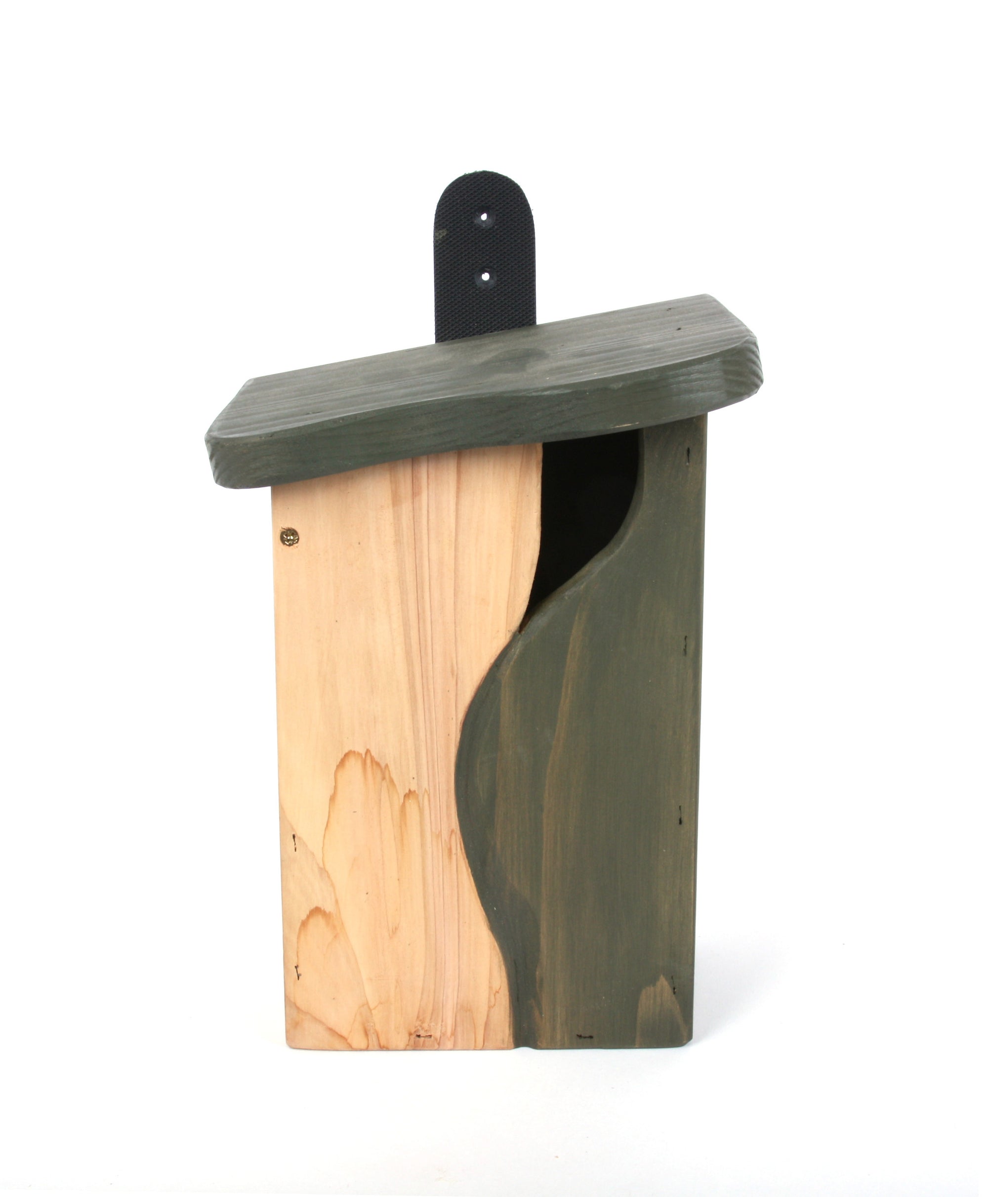 The Wildlife World Curve, Cavity Bird Nest Box by Simon King, is a unique nest box designed for small birds. It features a wooden structure with a green roof and a distinctive green wavy side panel. The front showcases a natural wood finish with visible grain patterns, emulating the appearance of a natural tree hollow. For easy attachment to any surface, it includes a black mounting strip with two holes extending from the top.