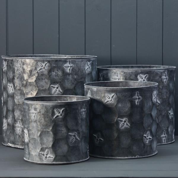 Set of Four Vintage Cylinder Bee Zinc Planters,Set of Four Vintage Cylinder Bee Zinc Planters