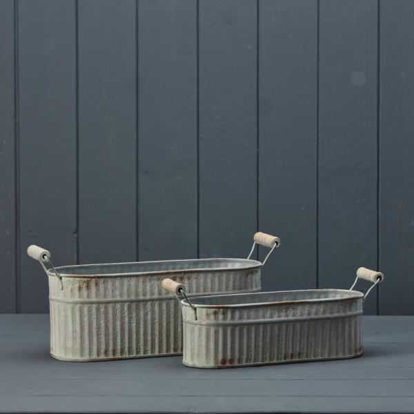 Set of Two Vintage Whitewashed Oval Zinc Troughs