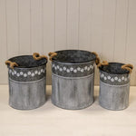 Set of 3 Zinc Planters Flower & Rib Design