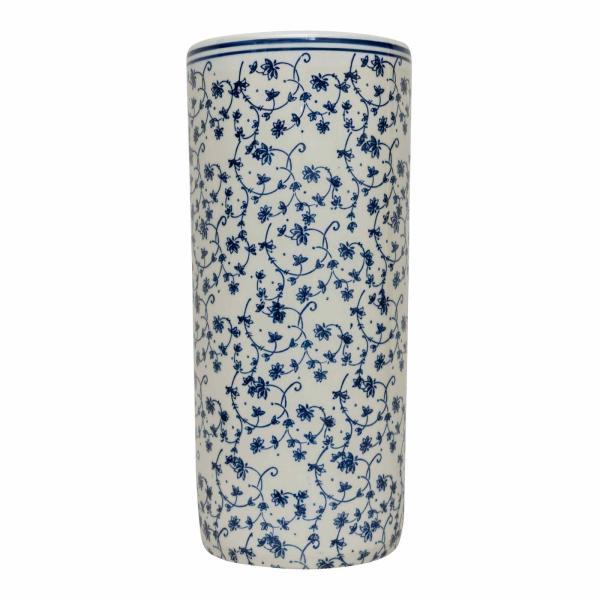 The Jane Blue & White Floral Umbrella Stand is a tall, cylindrical ceramic piece with a white base and intricate hand-painted blue floral and vine patterns—ideal for chic interiors or as a stylish umbrella holder.