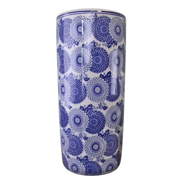 The Umbrella Stand, Vintage Blue & White Marigold Design, is a tall ceramic cylinder with a white background and intricate blue marigold floral and circular patterns—ideal as an entryway stick stand.