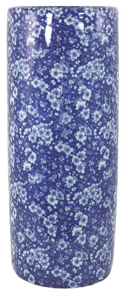The Umbrella Stand features a vintage blue and white daisies design on a tall, cylindrical ceramic body.
