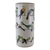 The Ceramic Umbrella Stand, Birds Design, is a tall cylindrical distressed ceramic vase with colorful bird illustrations on black lines over a white background—ideal as a unique vintage stick stand or decorative umbrella stand.