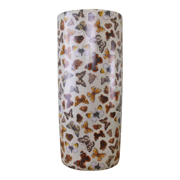 The Umbrella Stand, Butterfly Design is a tall ceramic cylinder featuring colorful orange, yellow, brown, and white butterflies on a light background.