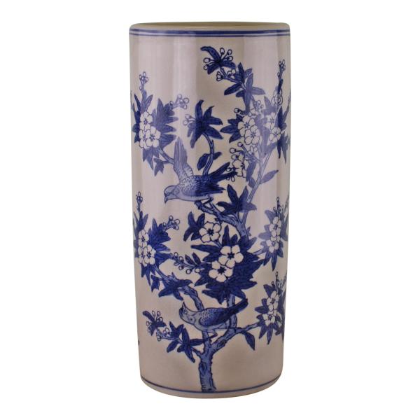 Umbrella Stand, Vintage Blue & White Bird Design: Tall ceramic cylinder features perched birds and blooming branches on a cream background for an elegant, traditional look—ideal as a vintage stick stand.