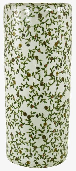 The Umbrella Stand, Vintage Green & White Floral Design, features a tall ceramic cylinder with an intricate green vine and small flower pattern over a white surface, adding a charming floral touch.