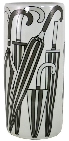 The Umbrella Stand, Shades of Grey Umbrella Design, features a white ceramic body with black and gray umbrella illustrations, bringing vintage charm and stylish organization to your entryway.