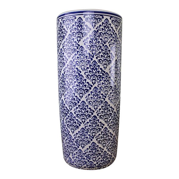 The Umbrella Stand, Vintage Blue & White Pattern Design features a tall cylindrical shape, glossy damask floral pattern, and a narrow blue rim—ideal as a stylish ceramic umbrella or stick stand for your home.