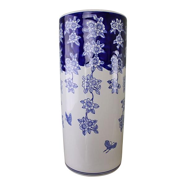 Umbrella Stand, Vintage Blue & White Flowers and Butterfly Design: Tall ceramic vase with a blue top, vintage floral and butterfly patterns, and a white base with blue accents—ideal as a decorative umbrella stand.