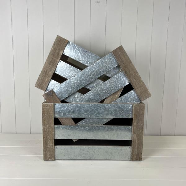 Set of Three Wood and Zinc Crates. Small: H 24.5 X L33.5 X W22. Medium: H 25.5 X L38 X W26. Large: