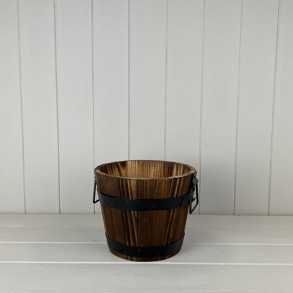 Wooden Barrel with 2 Metal Bands and handles Dia. 20cm H16cm