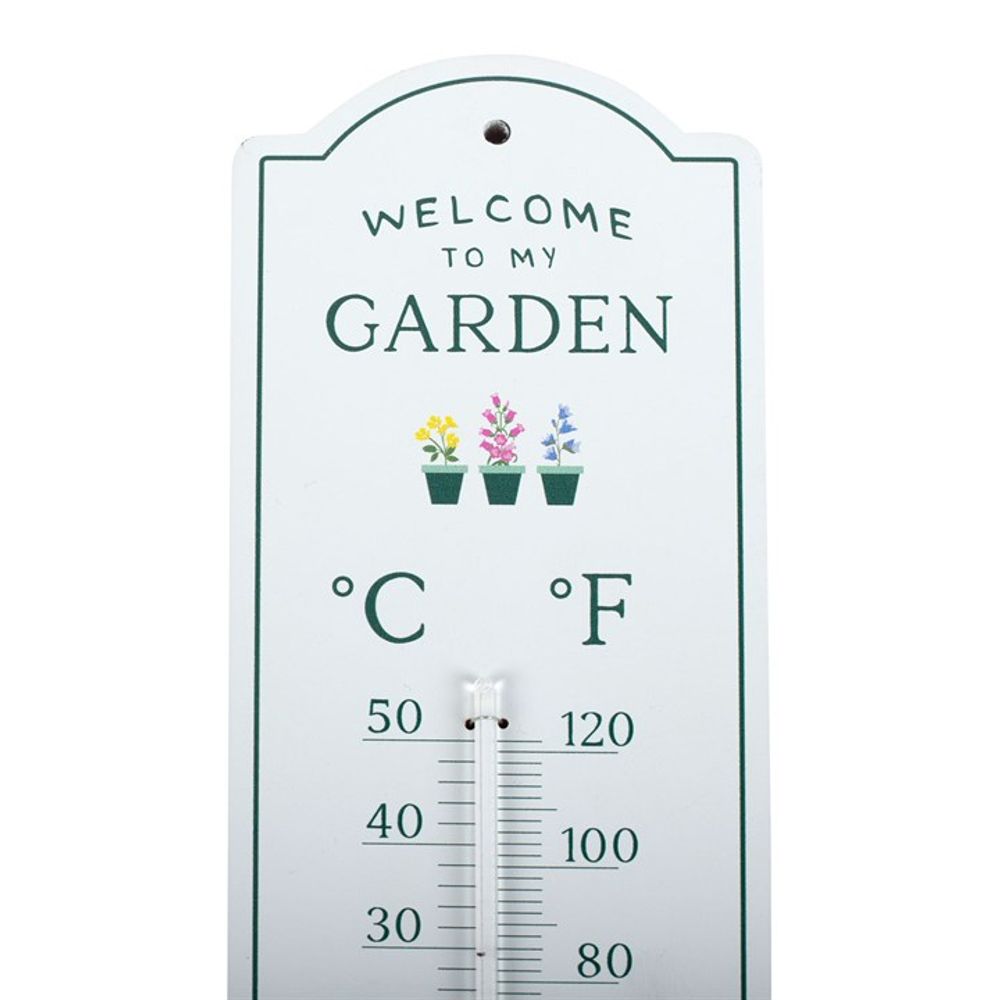 The "Welcome to My Garden Wall Thermometer" makes a perfect gift for gardeners, featuring "WELCOME TO MY GARDEN" at the top and charming illustrations of three potted flowers. It displays temperatures in both Celsius and Fahrenheit.
