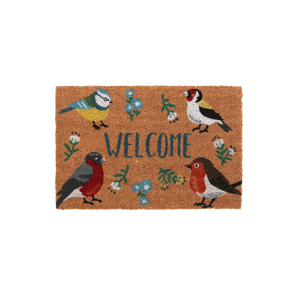 The Natural British Garden Birds Doormat shows colorful illustrations of four birds and blue flowers on a rich brown background, with "WELCOME" prominently in the center to offer a warm greeting.
