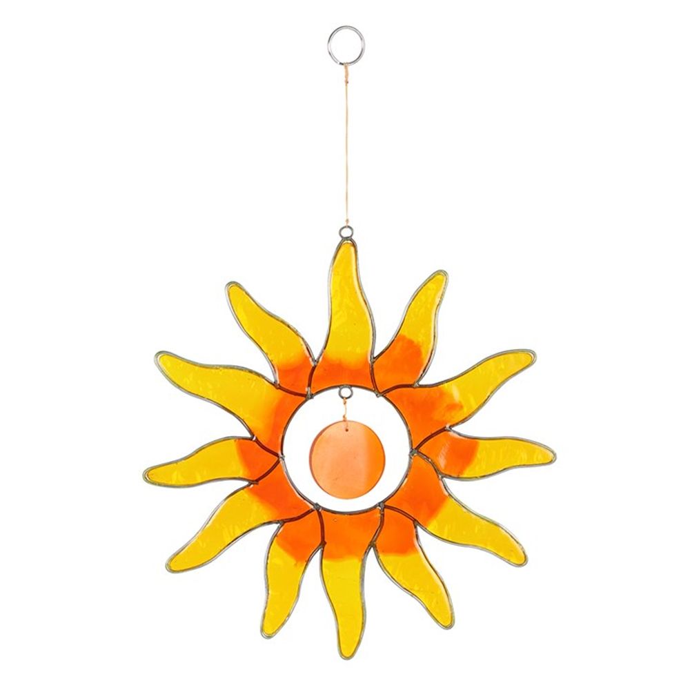 Introducing the Orange Sun Suncatcher: a vibrant window decoration crafted from ethically sourced stained glass, featuring dazzling orange and yellow pieces in a striking sunburst shape. This exquisite piece hangs gracefully from a thin string with a small circular loop at the top, casting radiant hues throughout any space.