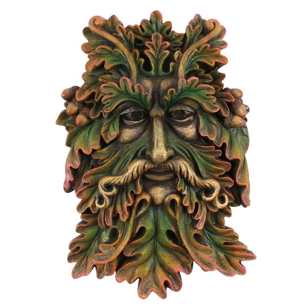 The Green Man Face Plaque is a detailed sculpture that resembles a pagan god, showcasing a face crafted from leaves and acorns. Its vibrant green and brown hues give it a lifelike appeal, complete with intricate details in the expression and foliage.