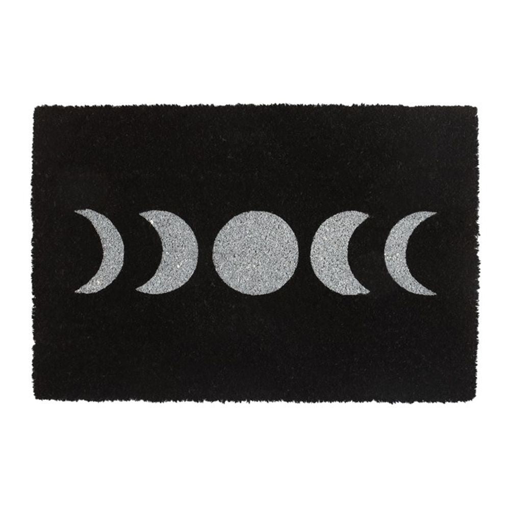 The Black Moon Phase Doormat, with its mystical touch, features white crescent moon phases symmetrically arranged around a full moon in the center. This enchanting doormat showcases the phases in a decreasing and then increasing sequence from left to right.