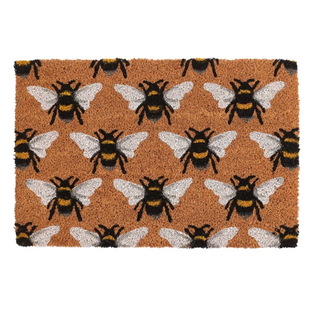 The Natural Bee Print Doormat is a rectangular doormat with a brown background, showcasing an all-over print of large bumblebees. The black and yellow striped bees with white wings are arranged in neat rows and columns across the mat, making it ideal for indoor use.